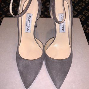 Jimmy Choo Lucy 100 Suede Ankle-strap Pumps In Taupe Grey Size 38
